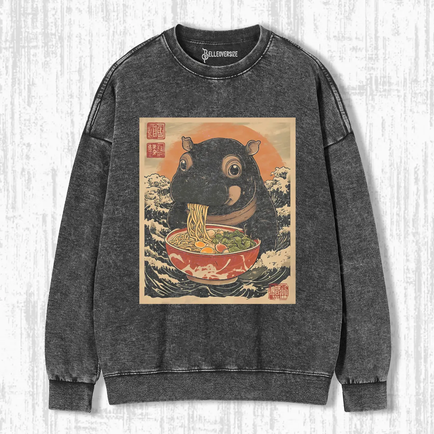 VINTAGE MOO DENG HIPPO EAT RAMEN WASHED SWEATSHIRTS