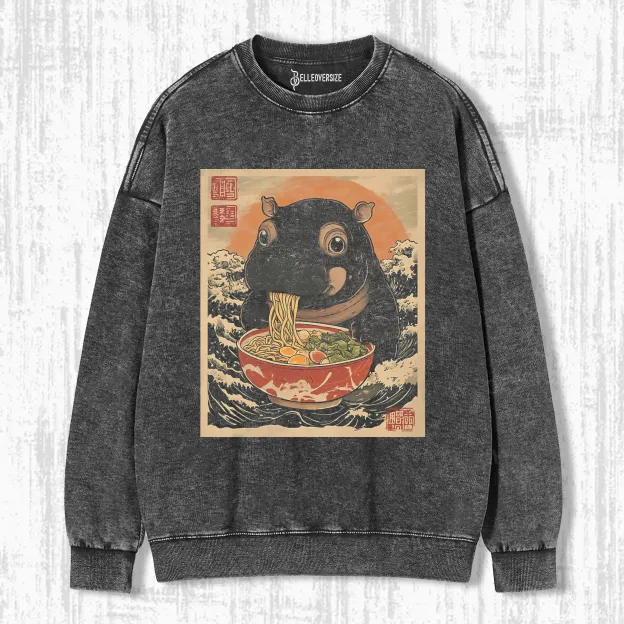 VINTAGE MOO DENG HIPPO EAT RAMEN WASHED SWEATSHIRTS