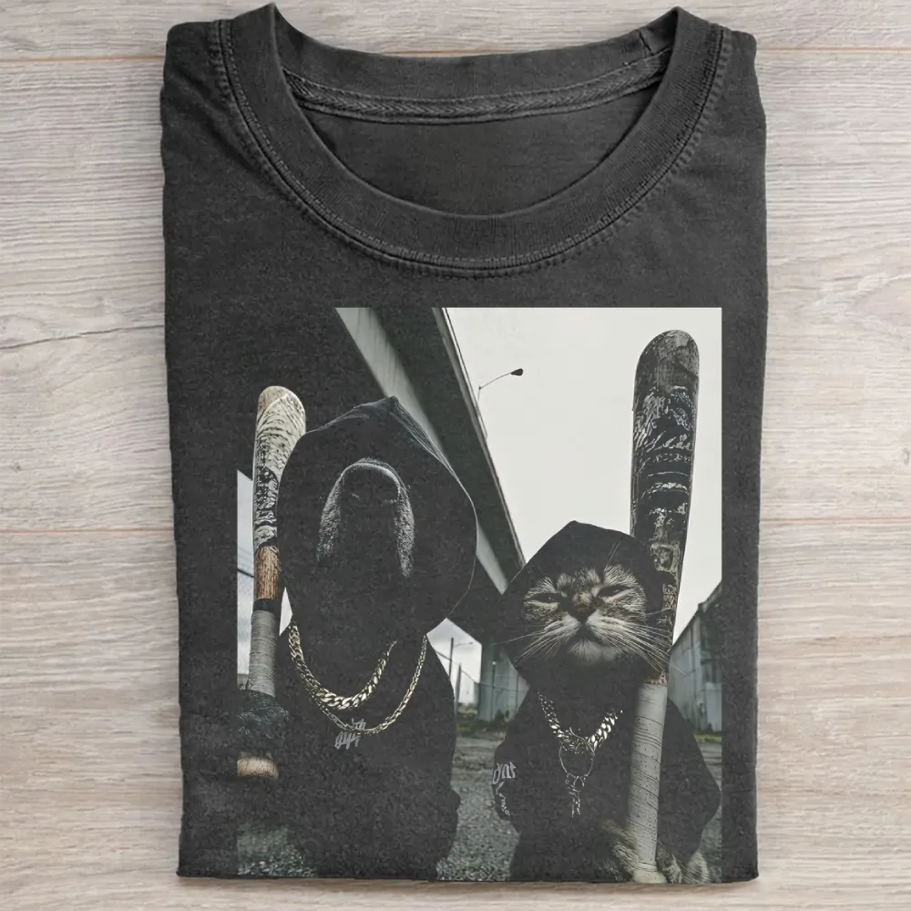 Vintage Gangster Dog and Cat Print Washed-Tee