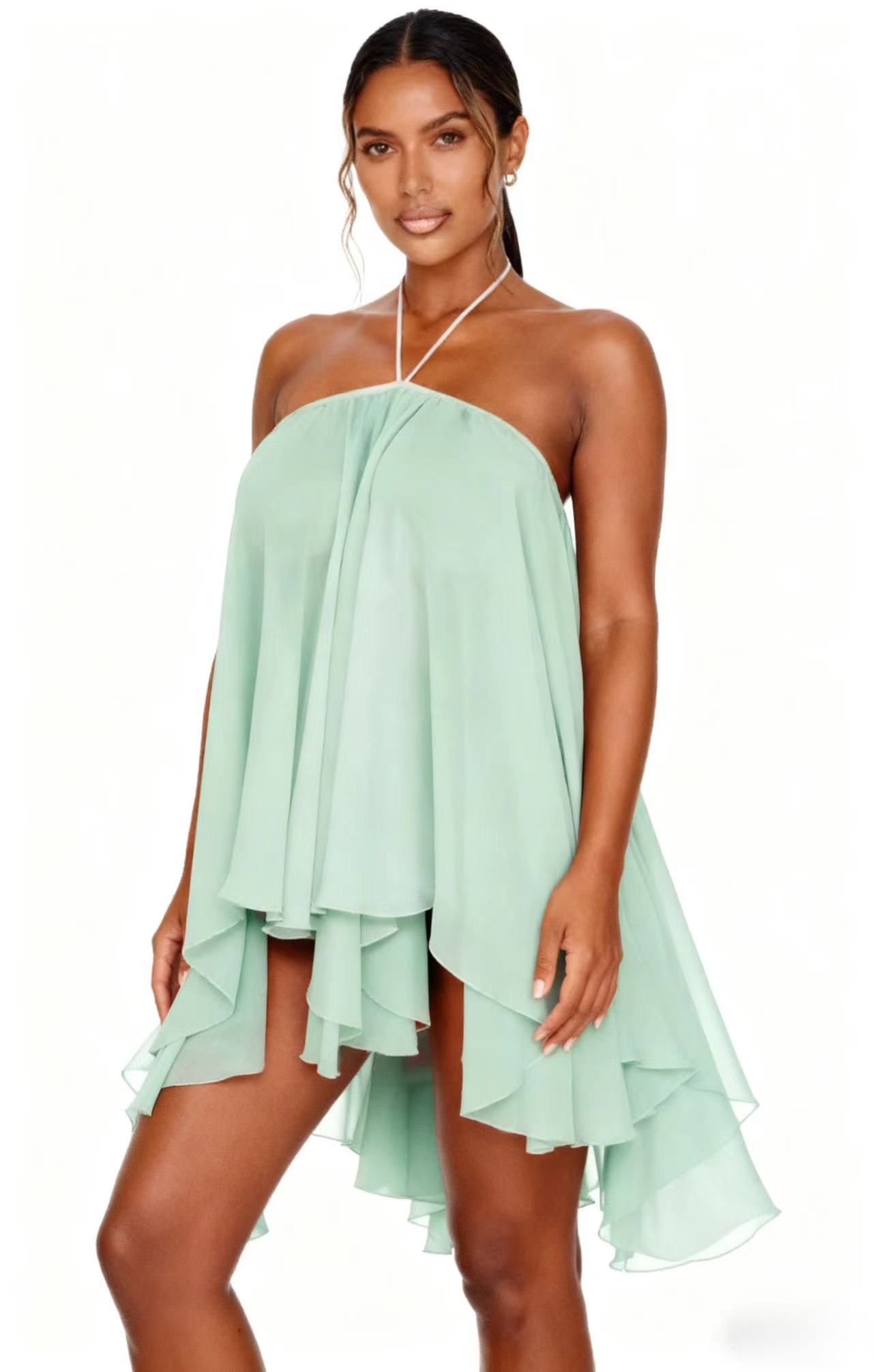 Elegant Halter Neck Flowy Asymmetric Dress