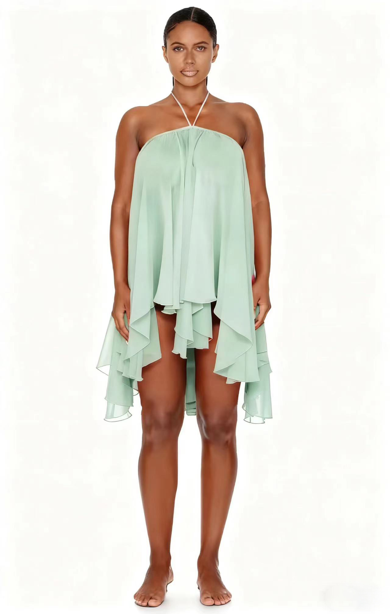 Elegant Halter Neck Flowy Asymmetric Dress