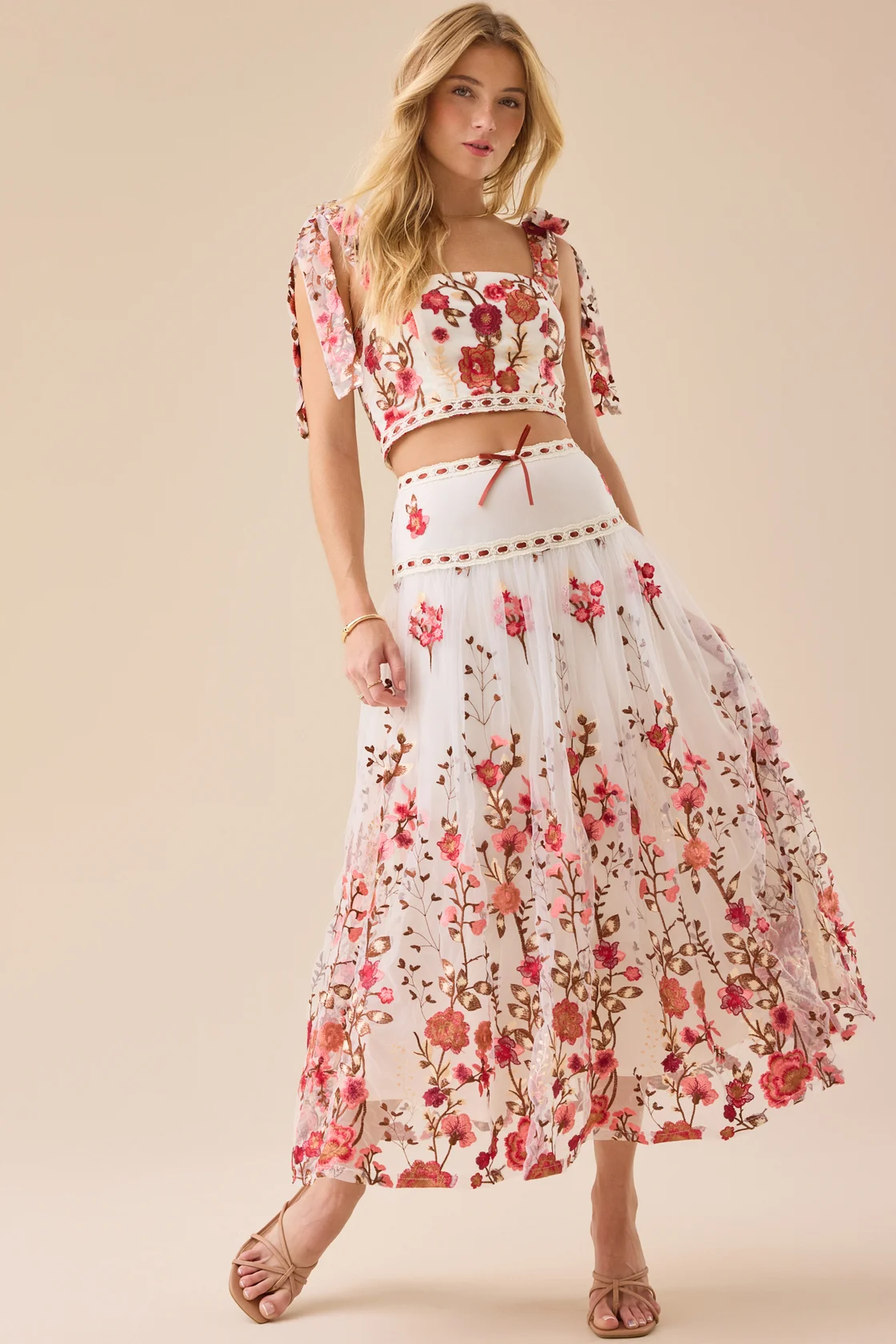 Glamorous Tie - Strap Floral Crop Top & Maxi Skirt Set