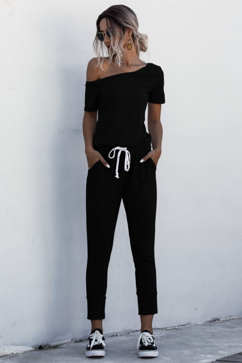 Asymmetrical Neck Tied Jumpsuit with Pockets-aritzao