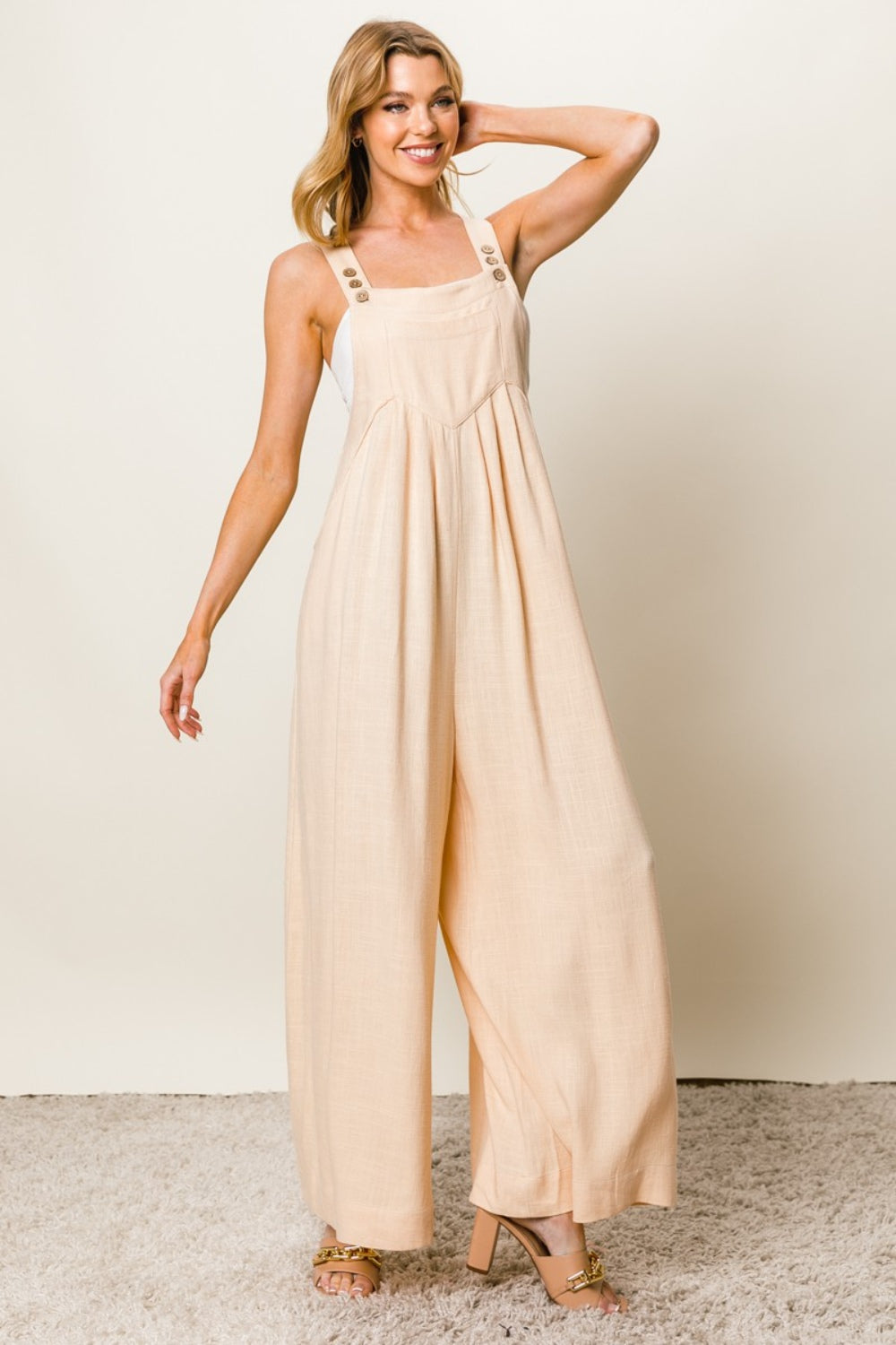 BiBi Texture Sleeveless Wide Leg Jumpsuit-aritzao