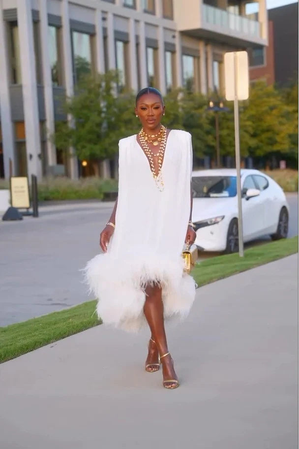 Elegant Sleeveless White Feather Patchwork Irregular Hem Midi Dress-aritzao