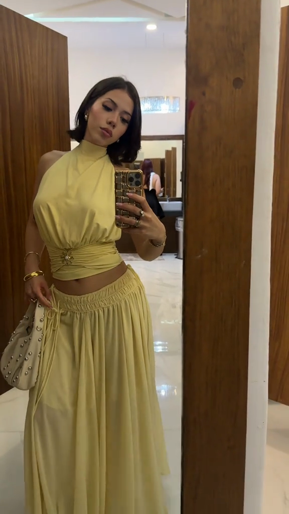 Lemon Yellow Halter Crop Top & Maxi Skirt Set-aritzao