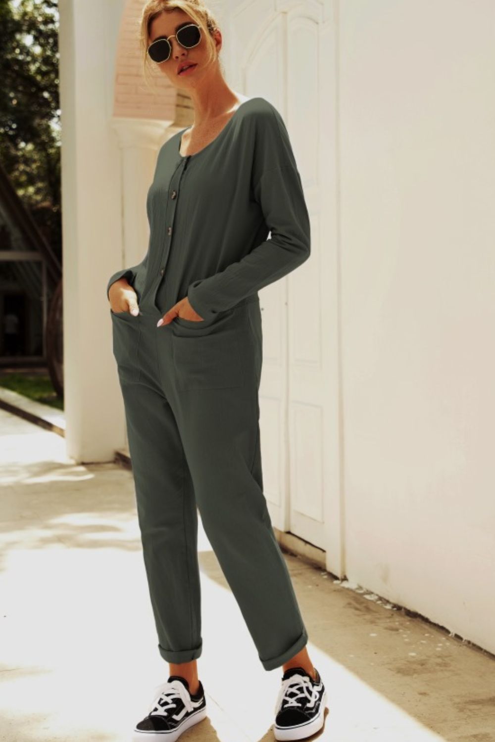 Buttoned Drop Shoulder Pocket Jumpsuit-aritzao