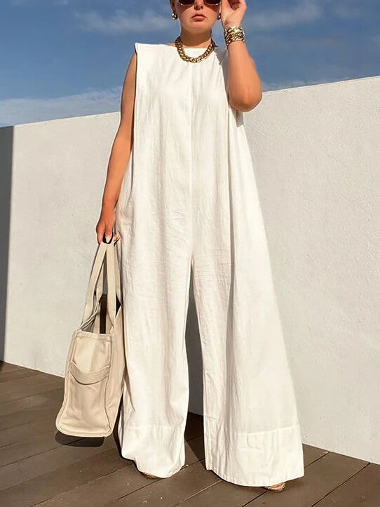Solid Color Loose Casual Sleeveless Round Neck Wide Leg Trousers Jumpsuit-CALLISTARI