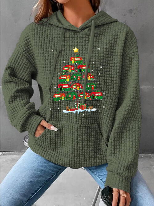 Christmas Tree Knit Drawstring Hoodie with Pocket-CALLISTARI