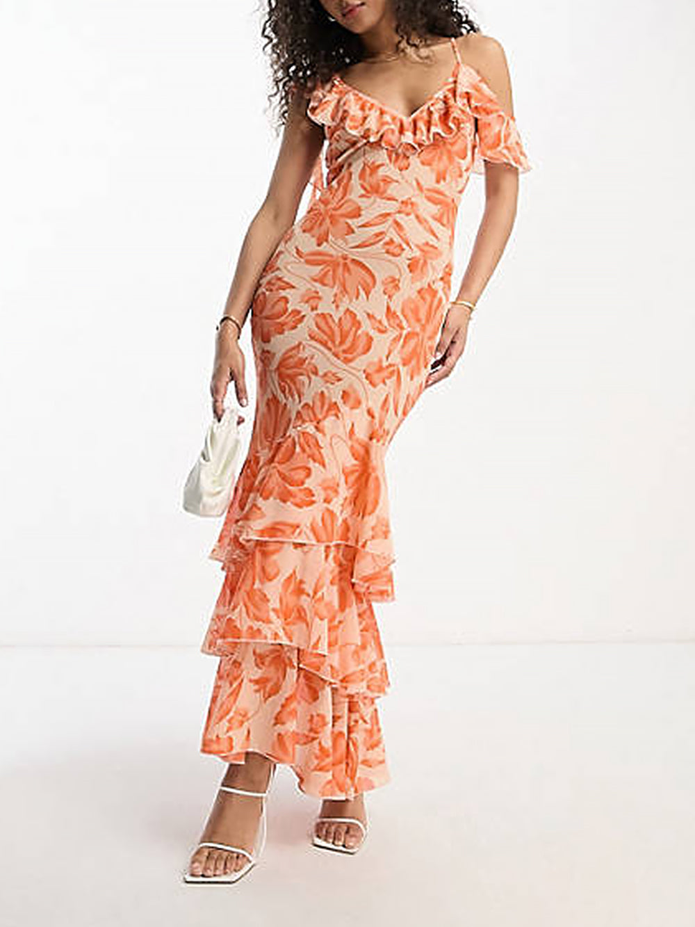 Shoulder Asymmetric Maxi Dress In Orange Floral Jacquard-CALLISTARI