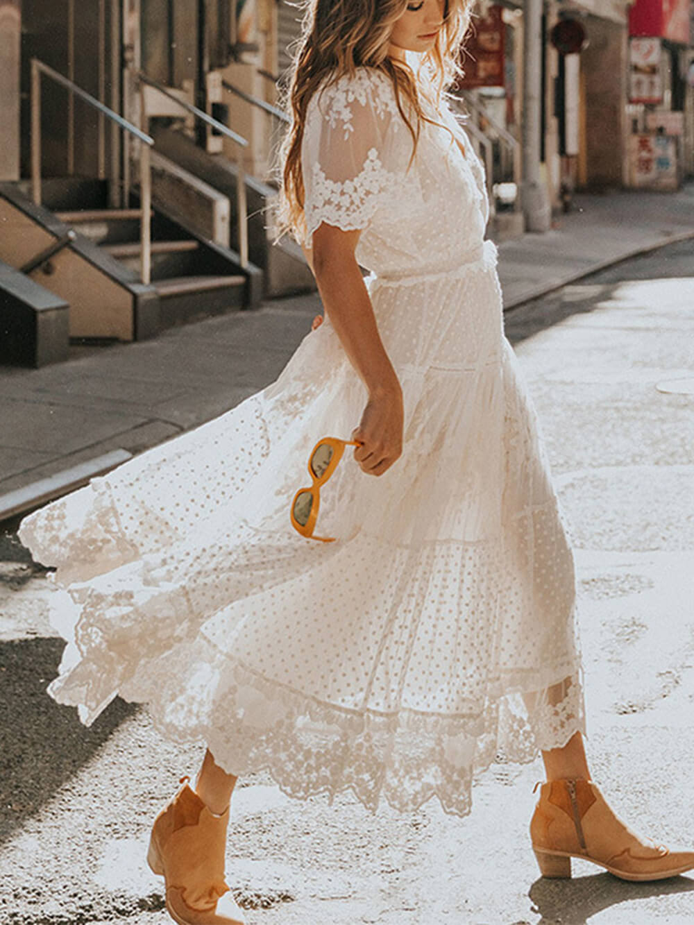 V-Neck Short-Sleeve Lace Maxi Dress-CALLISTARI