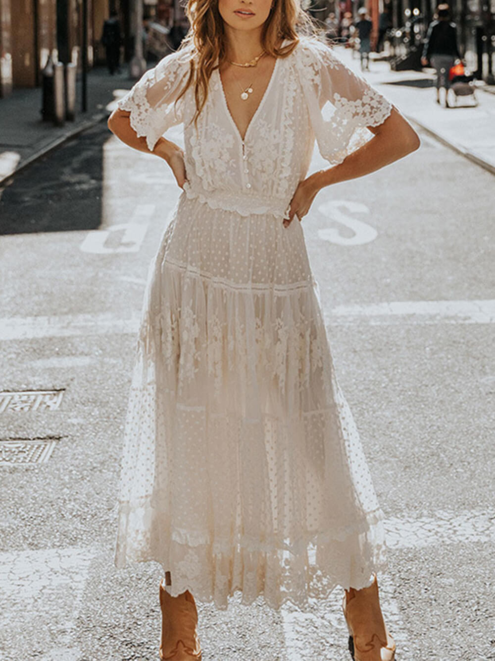 V-Neck Short-Sleeve Lace Maxi Dress-CALLISTARI