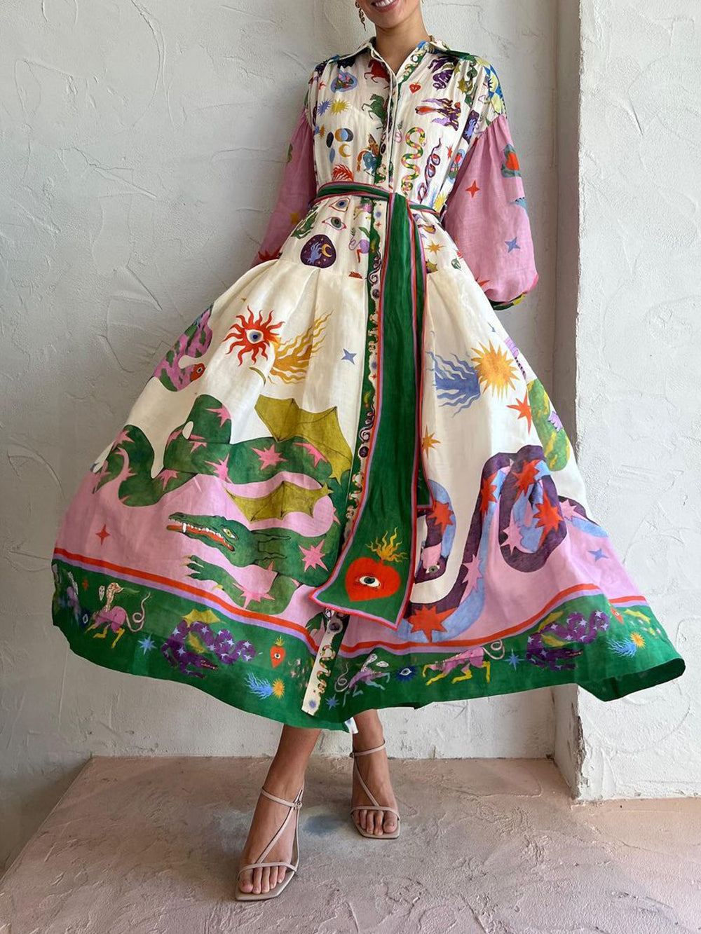 Pleated Long Sleeve Loose Dress-CALLISTARI