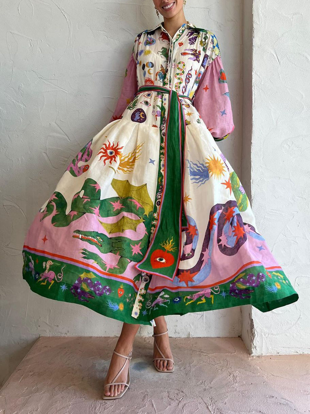 Pleated Long Sleeve Loose Dress-CALLISTARI