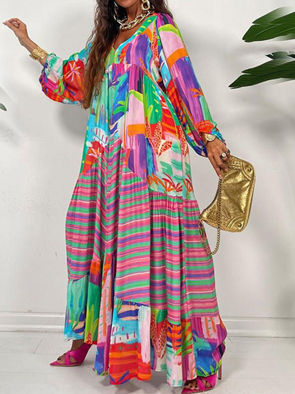 Oversized V-Neck Printed Maxi Dress-CALLISTARI