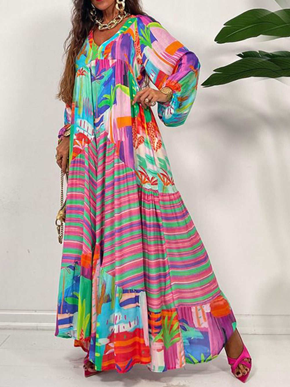 Oversized V-Neck Printed Maxi Dress-CALLISTARI