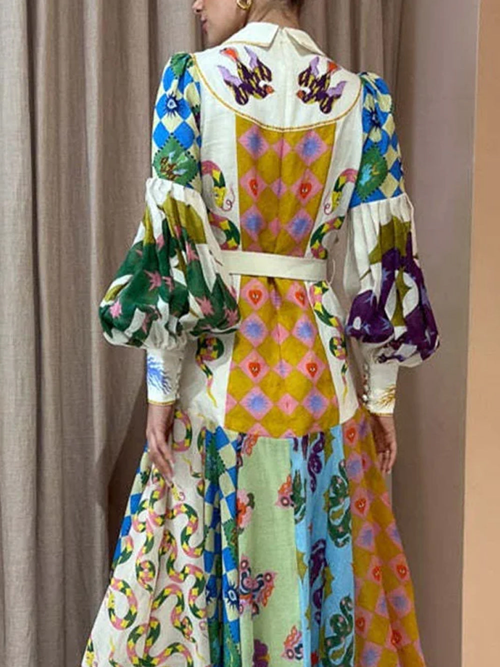 Fashion Graffiti Balloon Sleeve Long Irregular Dress-CALLISTARI