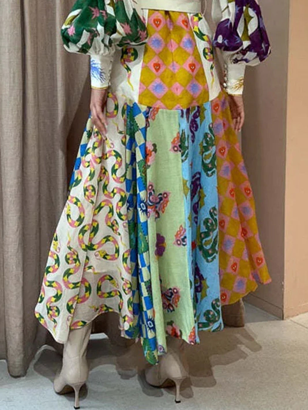 Fashion Graffiti Balloon Sleeve Long Irregular Dress-CALLISTARI