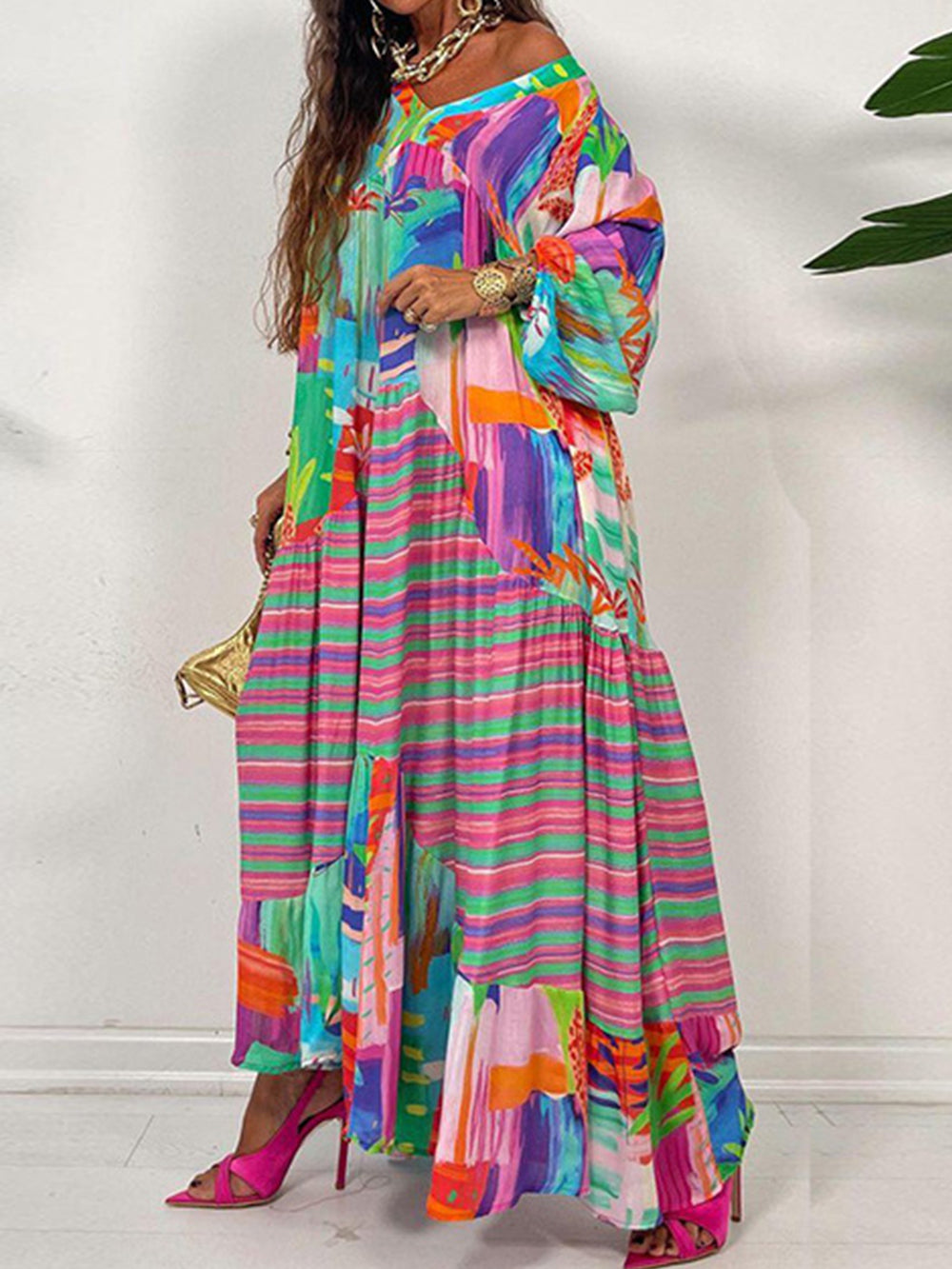 Oversized V-Neck Printed Maxi Dress-CALLISTARI