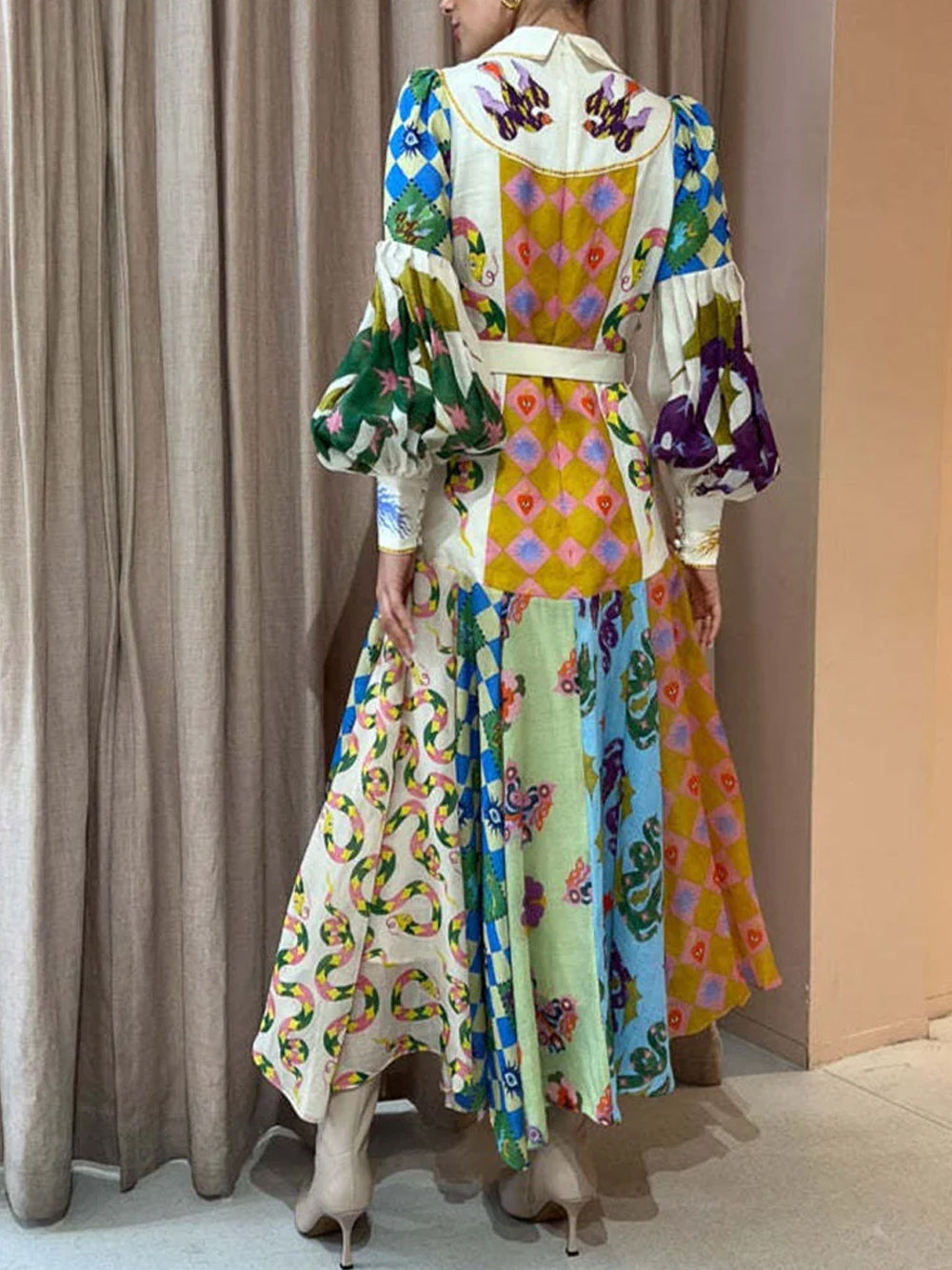 Fashion Graffiti Balloon Sleeve Long Irregular Dress-CALLISTARI