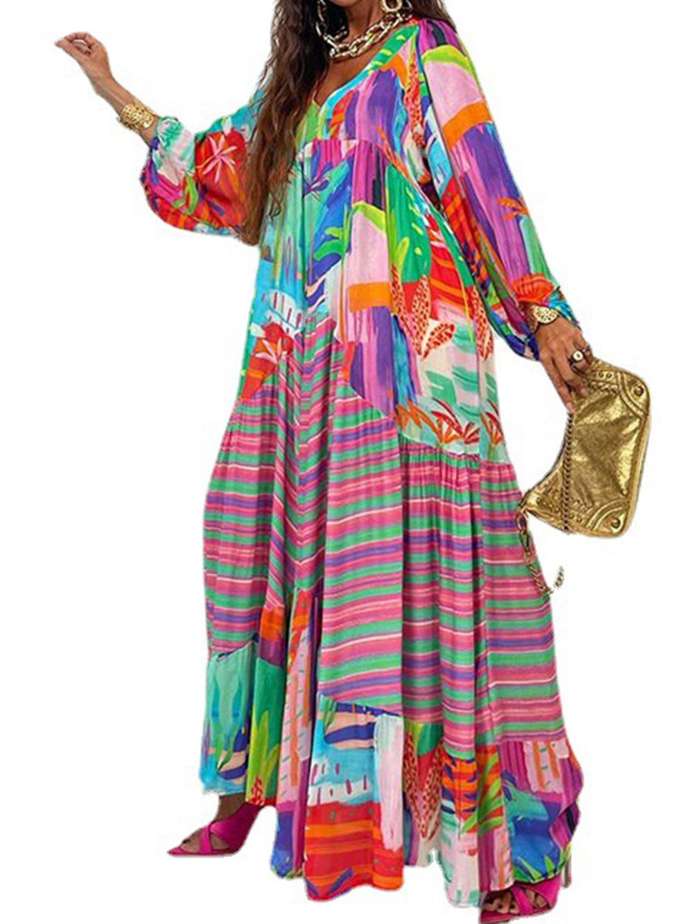 Oversized V-Neck Printed Maxi Dress-CALLISTARI