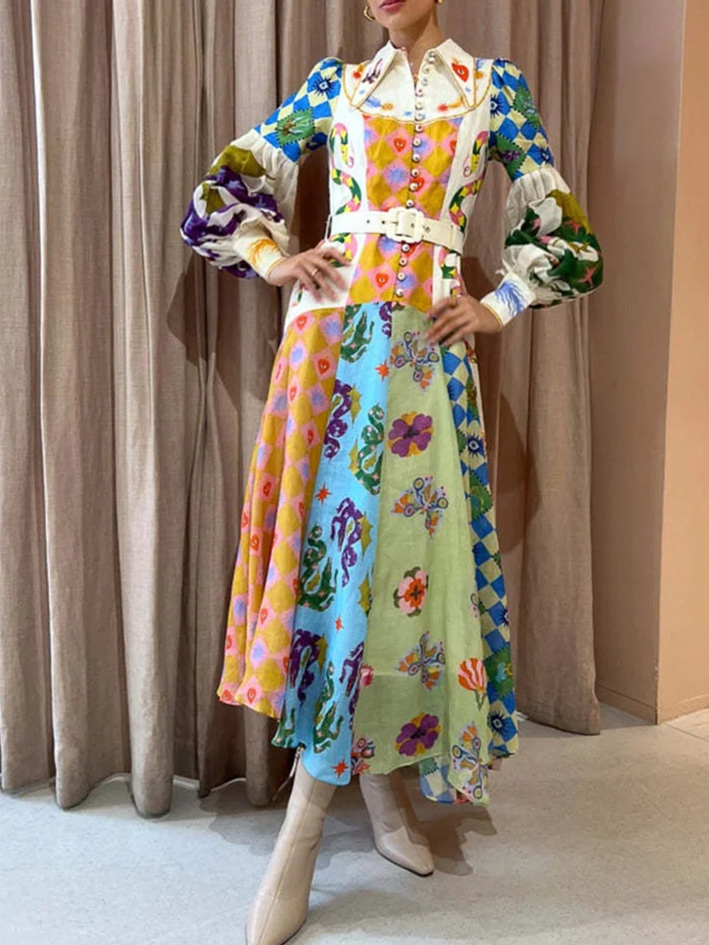 Fashion Graffiti Balloon Sleeve Long Irregular Dress-CALLISTARI