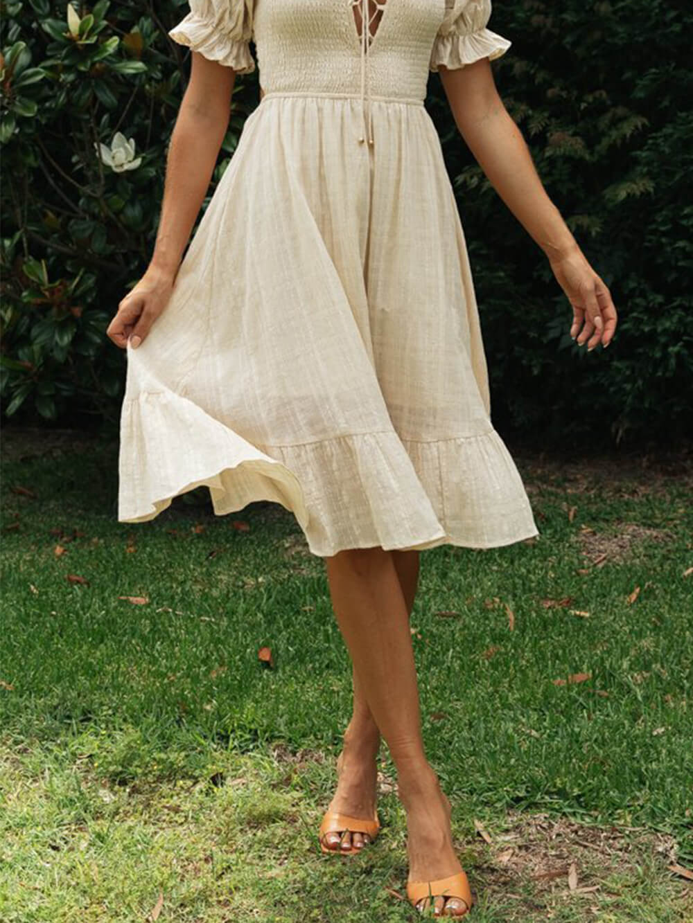 Elegant Solid Color Pastoral Midi Dress-CALLISTARI