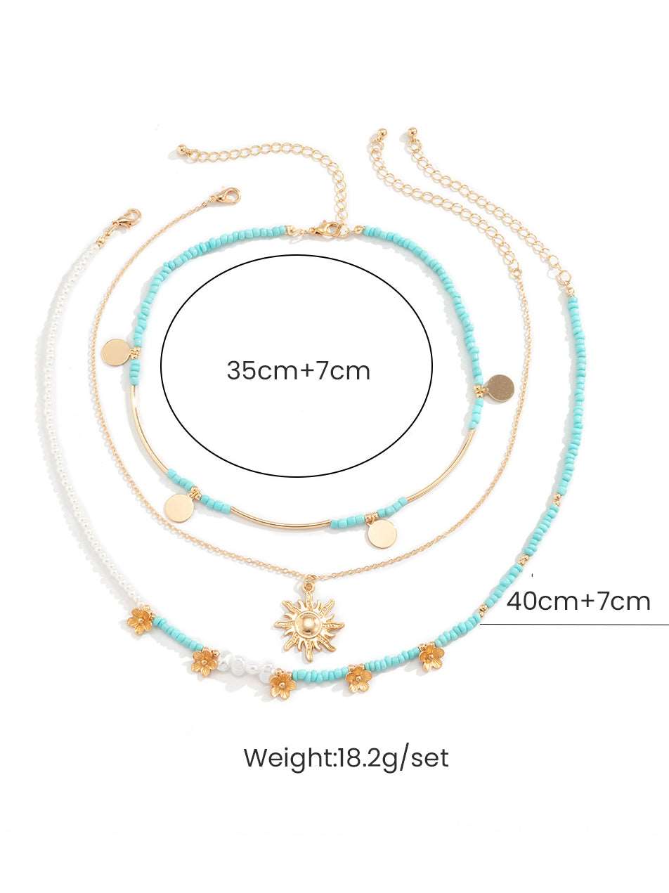 3pcs Sun & Floral Faux Pearl Beaded Necklace-CALLISTARI