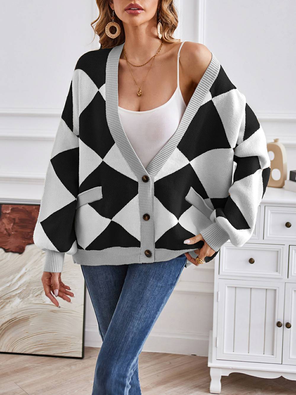 V-Neck Geometric Color Block Knit Cardigan-CALLISTARI