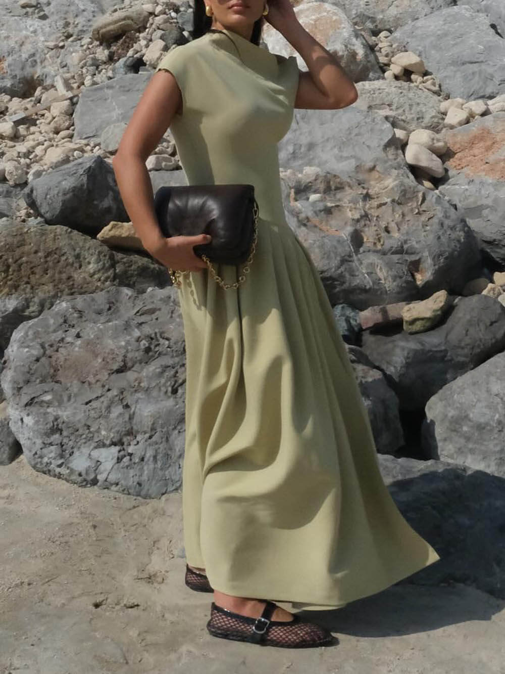 Callistari Elegant Fashionable Slope Neck Slim Fit Large Hem Maxi Dress-CALLISTARI