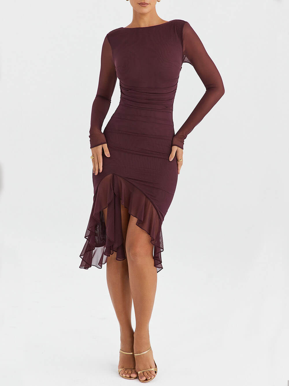 Wine Ruffle Midi Dress-CALLISTARI