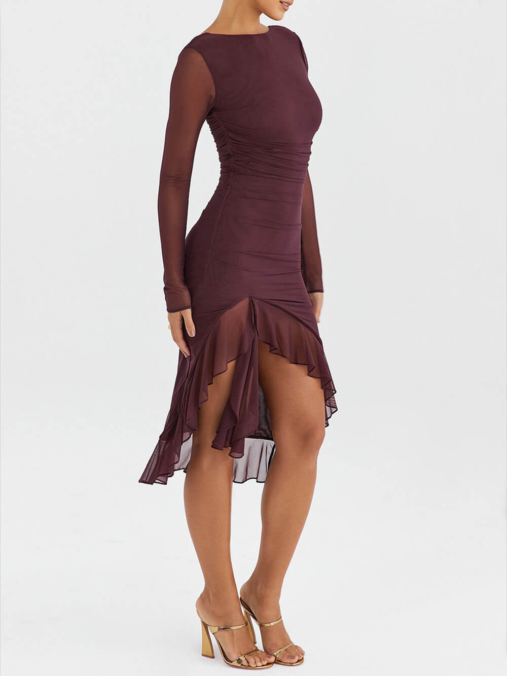 Wine Ruffle Midi Dress-CALLISTARI