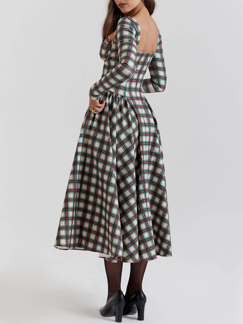 Red Tartan Corset Midi Dress-CALLISTARI