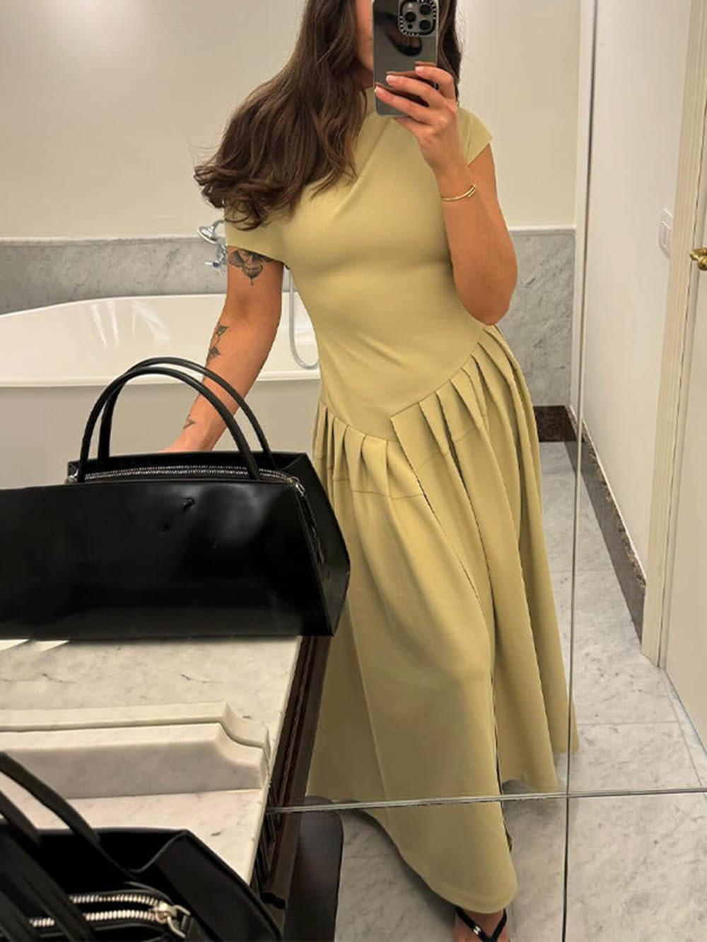 Callistari Elegant Fashionable Slope Neck Slim Fit Large Hem Maxi Dress-CALLISTARI