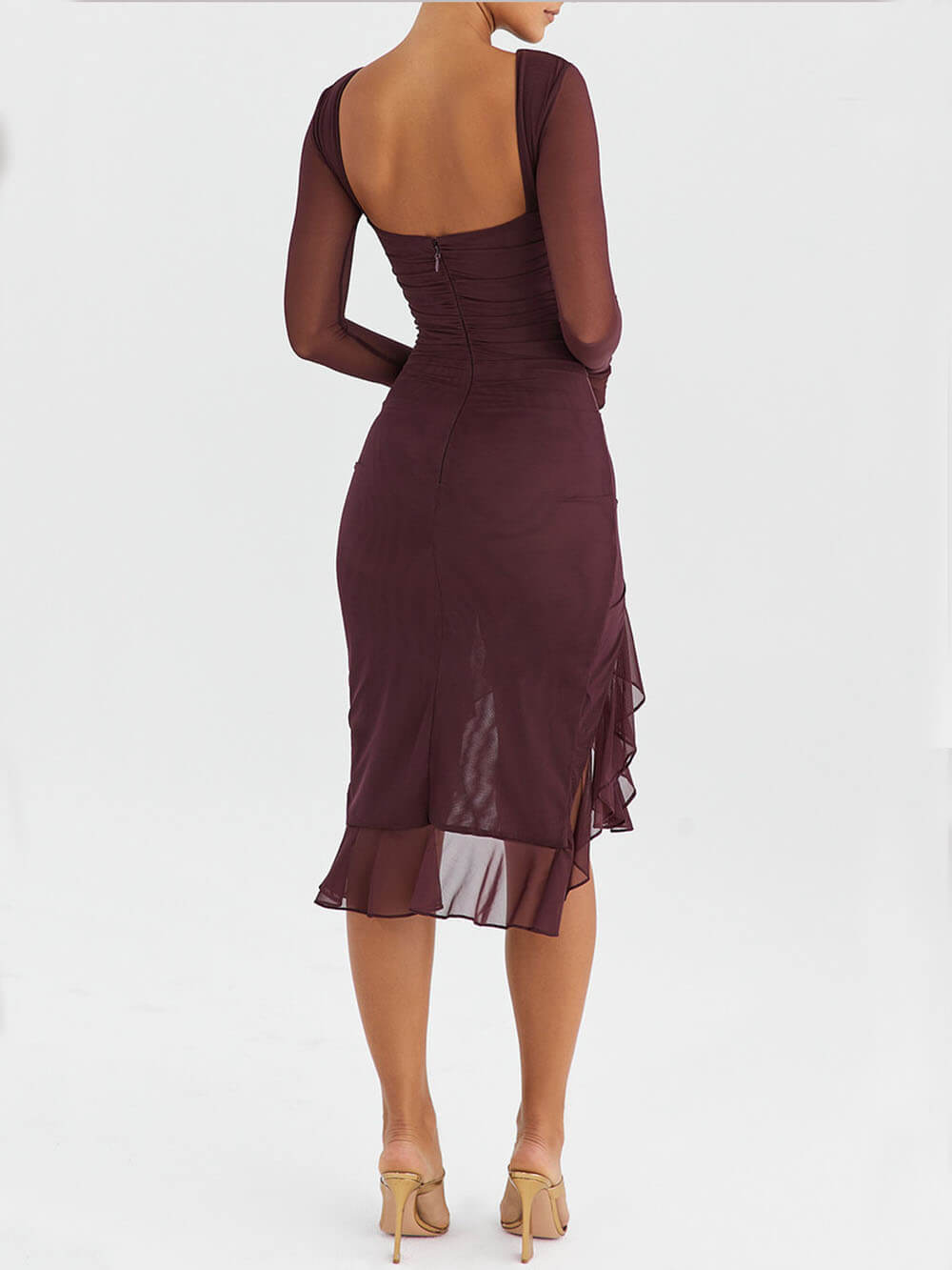 Wine Ruffle Midi Dress-CALLISTARI