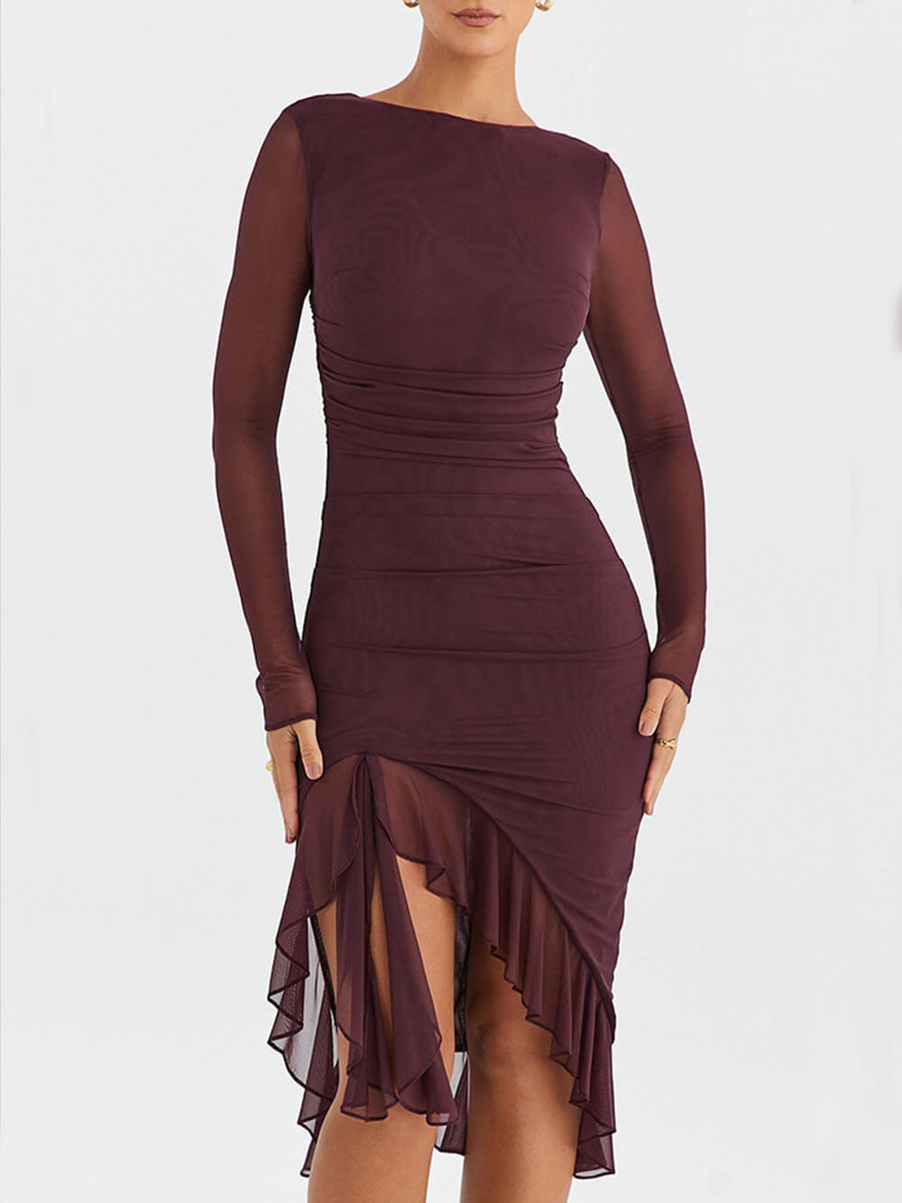 Wine Ruffle Midi Dress-CALLISTARI