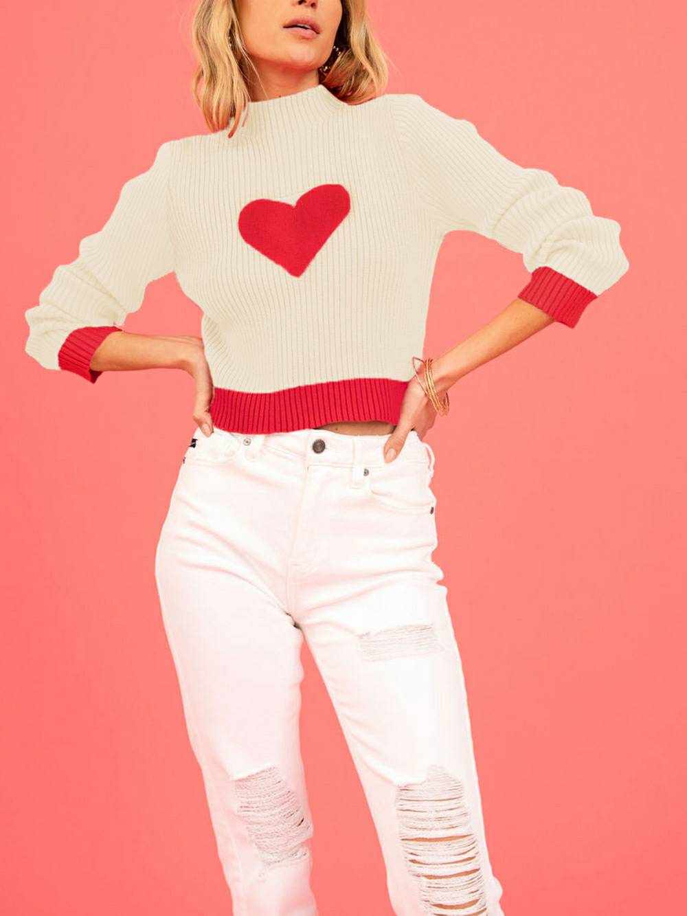Valentine's Day Heart Pattern Turtleneck Knit Sweater-CALLISTARI
