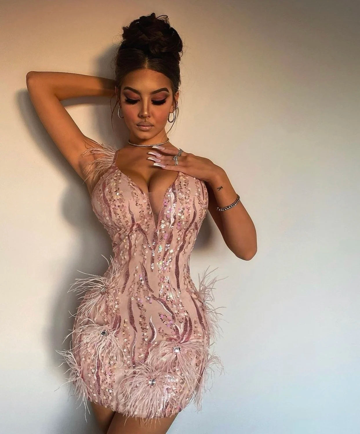 Tasha Pink Feather Sequins Mini Dress-CALLISTARI