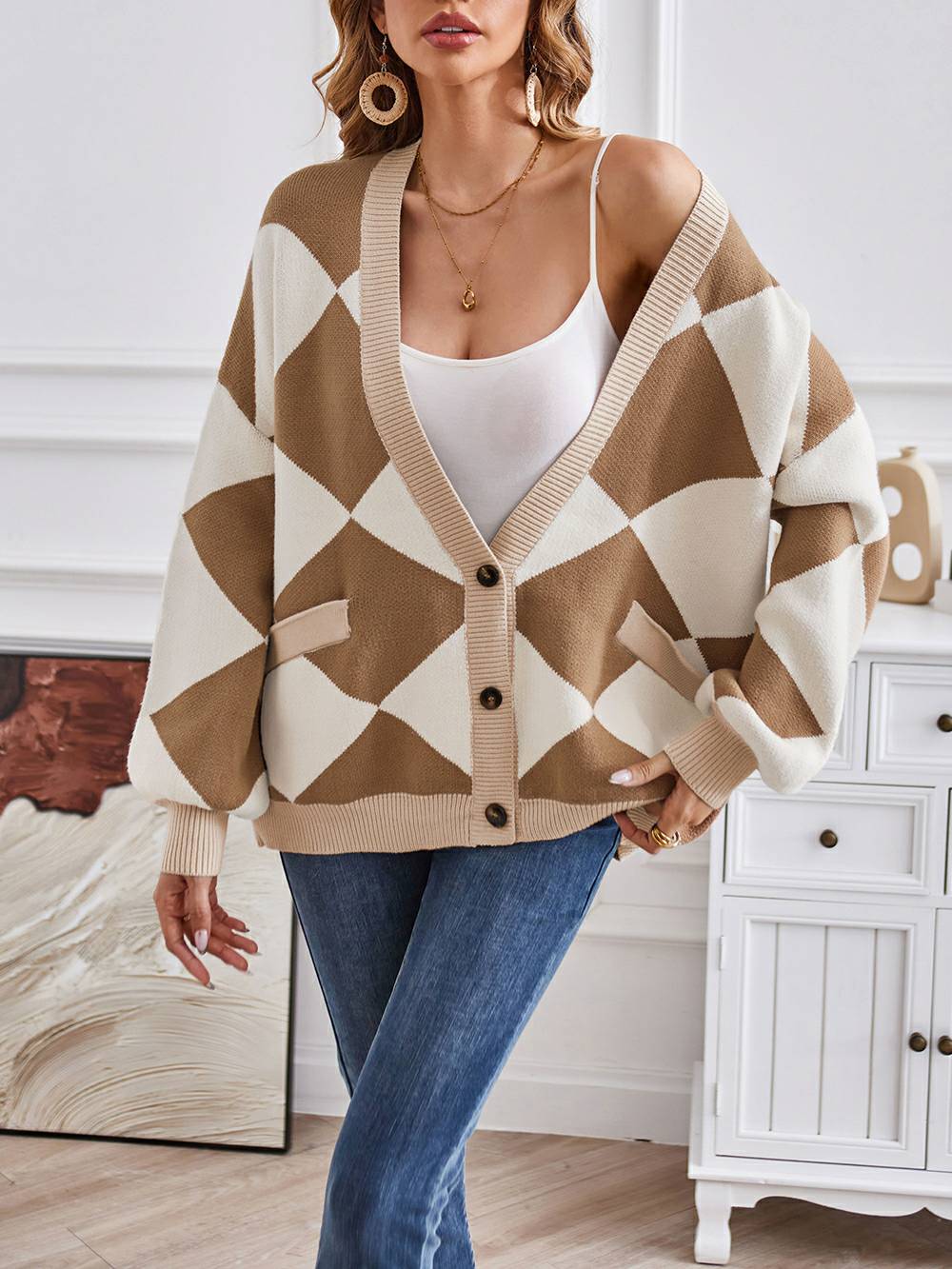 V-Neck Geometric Color Block Knit Cardigan-CALLISTARI