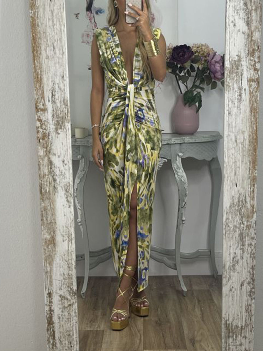 Tie-Dye Deep V Ruched Knotted Maxi Dress-CALLISTARI