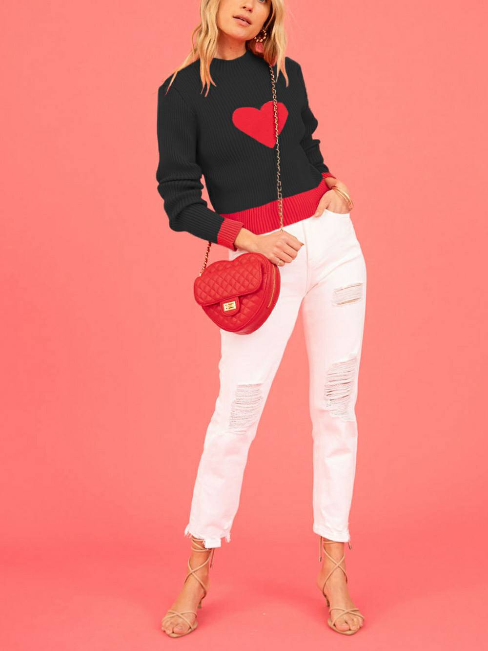 Valentine's Day Heart Pattern Turtleneck Knit Sweater-CALLISTARI