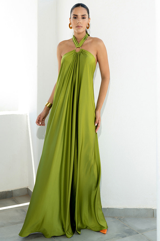 Satin  Elegant Maxi long Dress: Backless Halter Neck-CALLISTARI