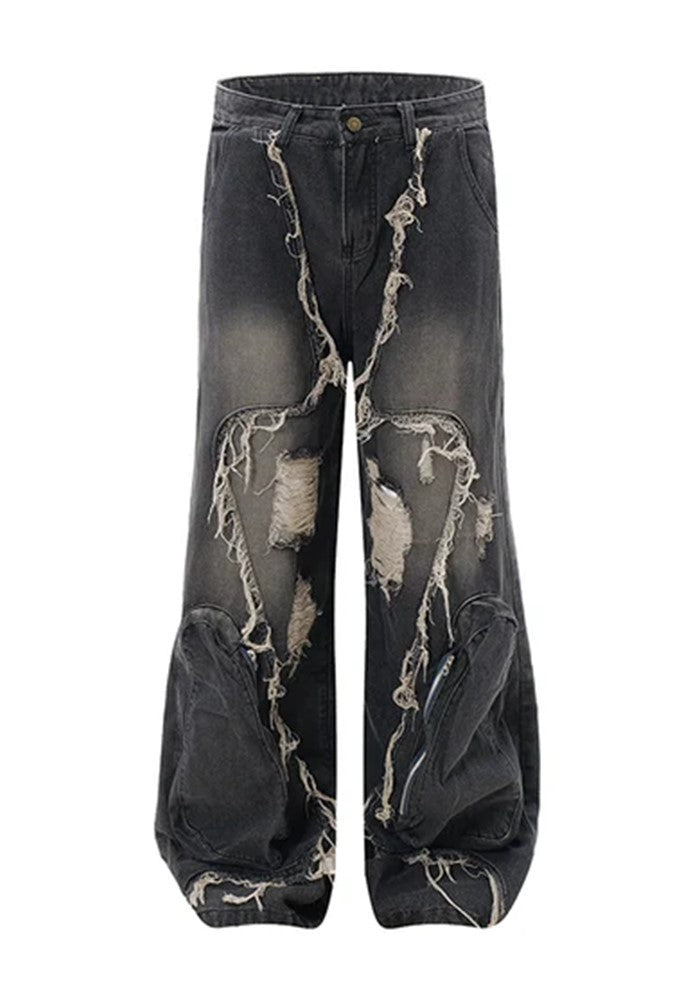 【VINMUK】Line damage full design dull black denim wide pants  VM0001-CALLISTARI