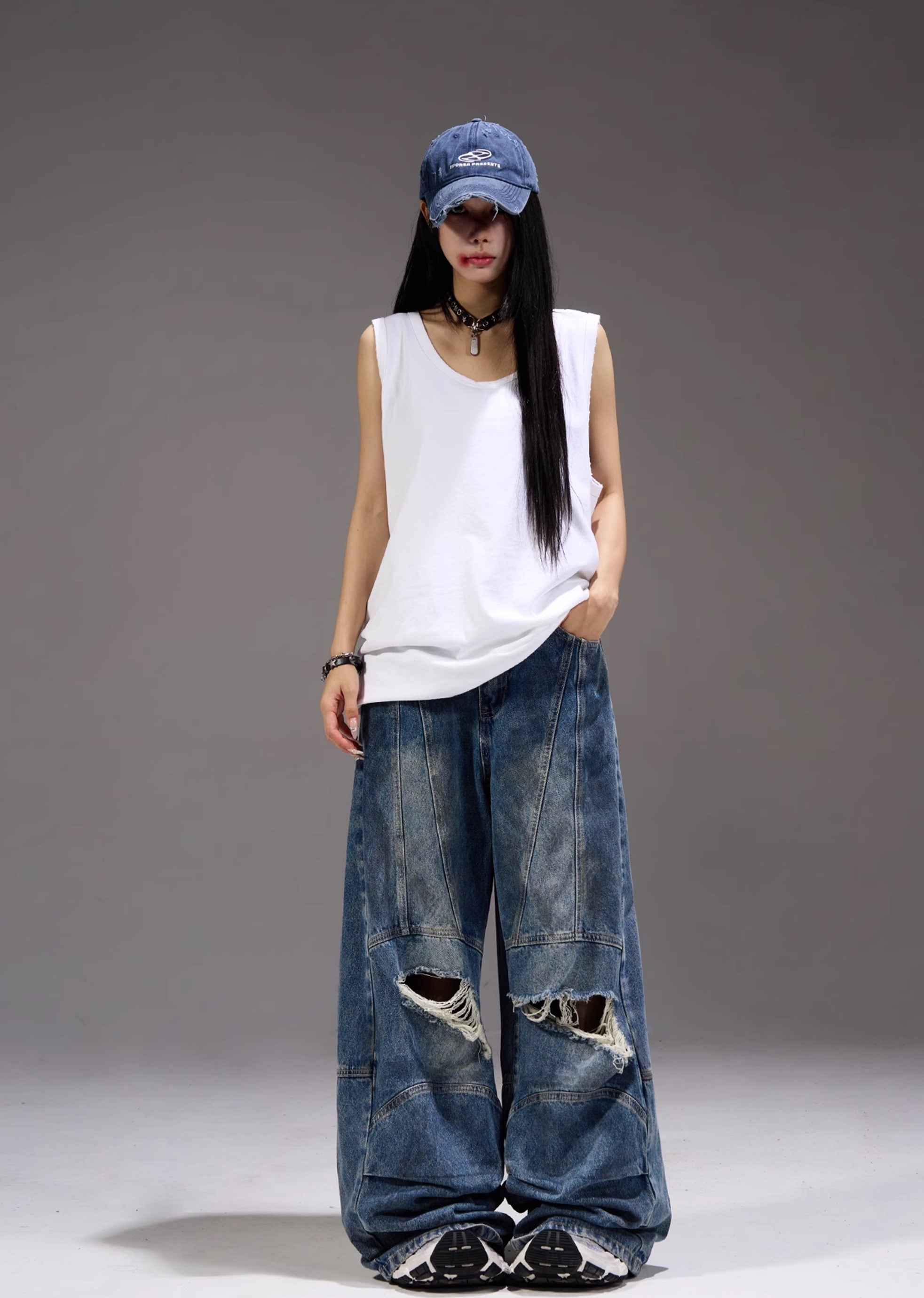 【MAXDSTR】Dull knee damage processing mid-light wide straight denim pants  MD0155-CALLISTARI
