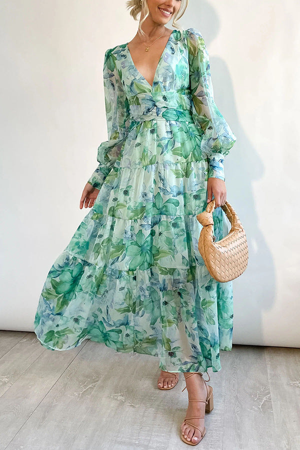 Painted Inspiration Floral Balloon Sleeves Maxi Dress-CALLISTARI