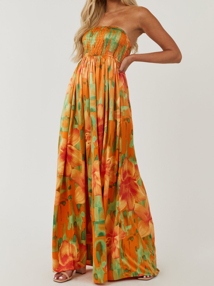 Sunset Floral  Smocked Tube Jumpsuit-CALLISTARI