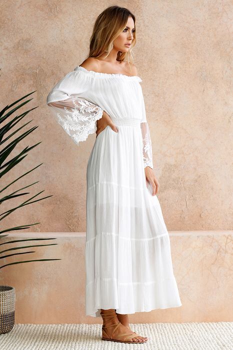 Shoulder Maxi Dress: Embroidered Off Lace Flared Sleeve-CALLISTARI