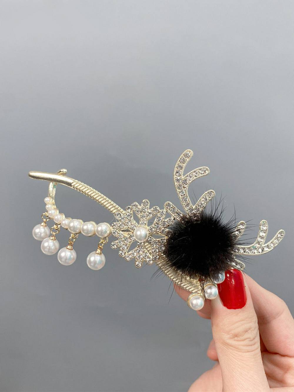 Deer Antler Pearl Rabbit Fur Hair Clip-CALLISTARI