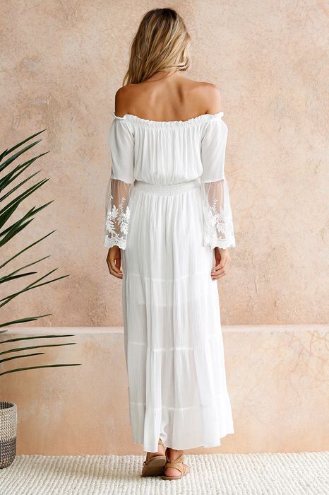 Shoulder Maxi Dress: Embroidered Off Lace Flared Sleeve-CALLISTARI