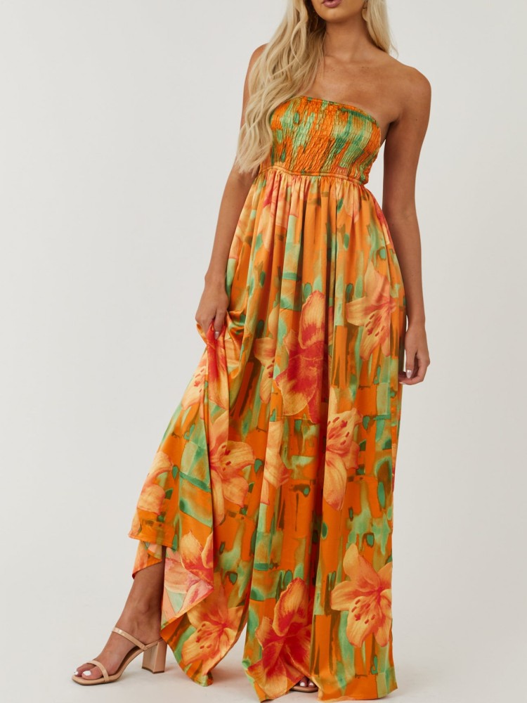 Sunset Floral  Smocked Tube Jumpsuit-CALLISTARI